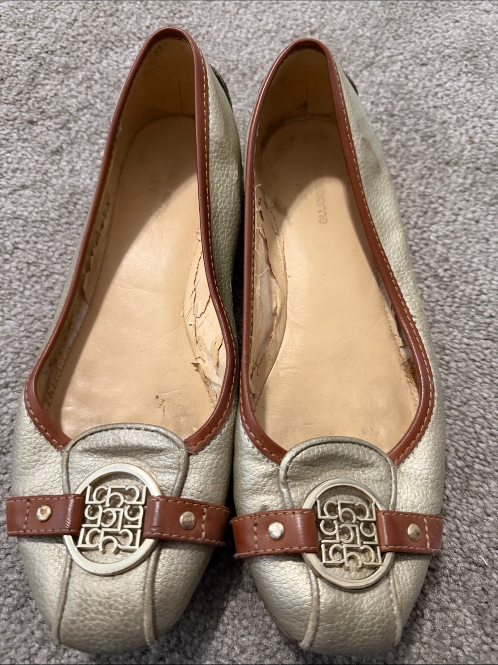 Liz Claiborne Metallic Ivory Ballet Flats with Brown Trim